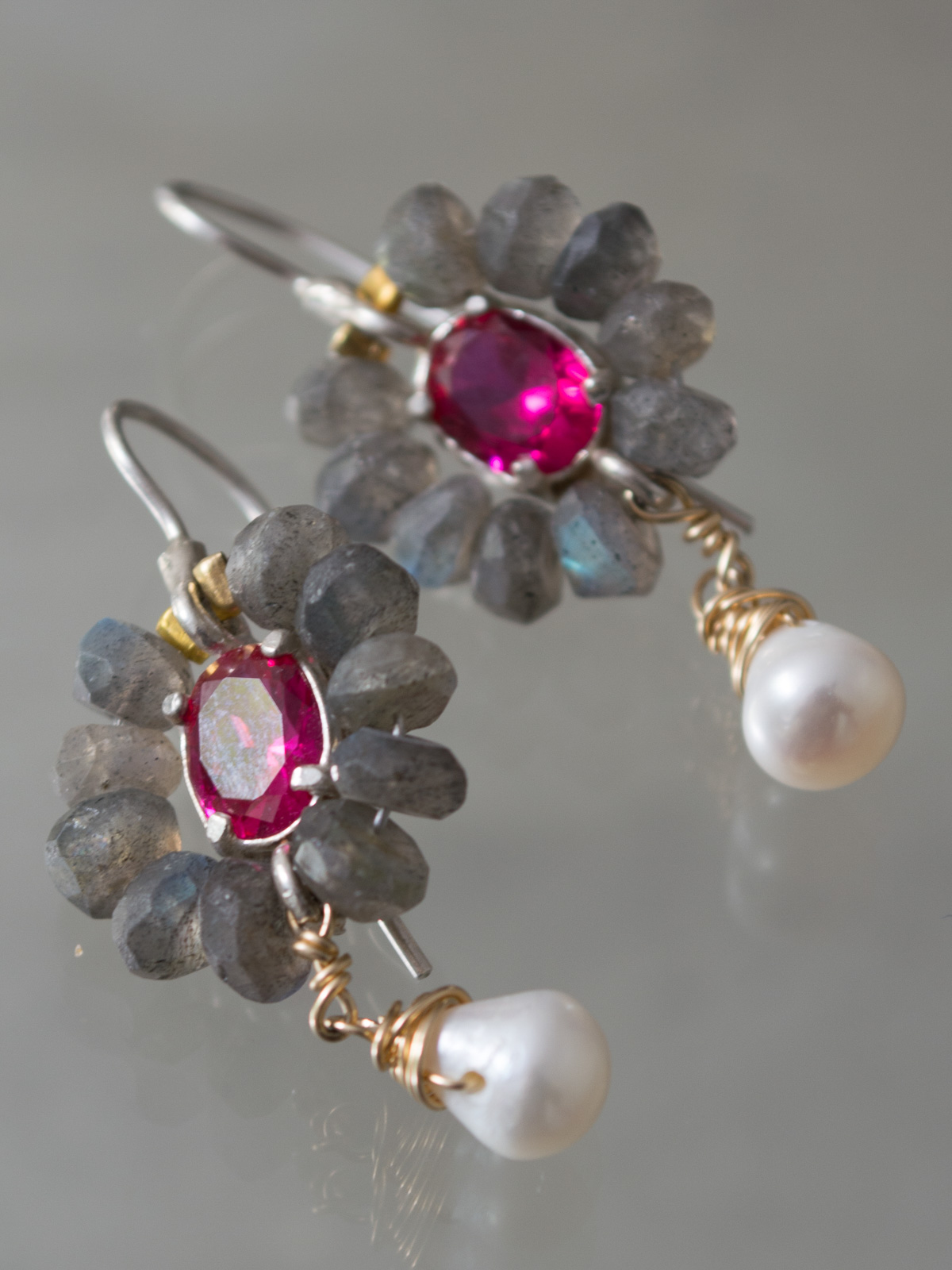 earrings Flower labradorite, fuchsia crystal
